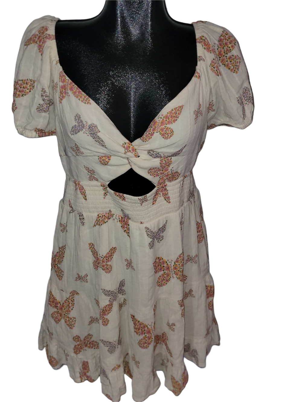 American Eagle Floral Butterfly Print Boho Cutout Mini Summer Dress L - Picture 2 of 7